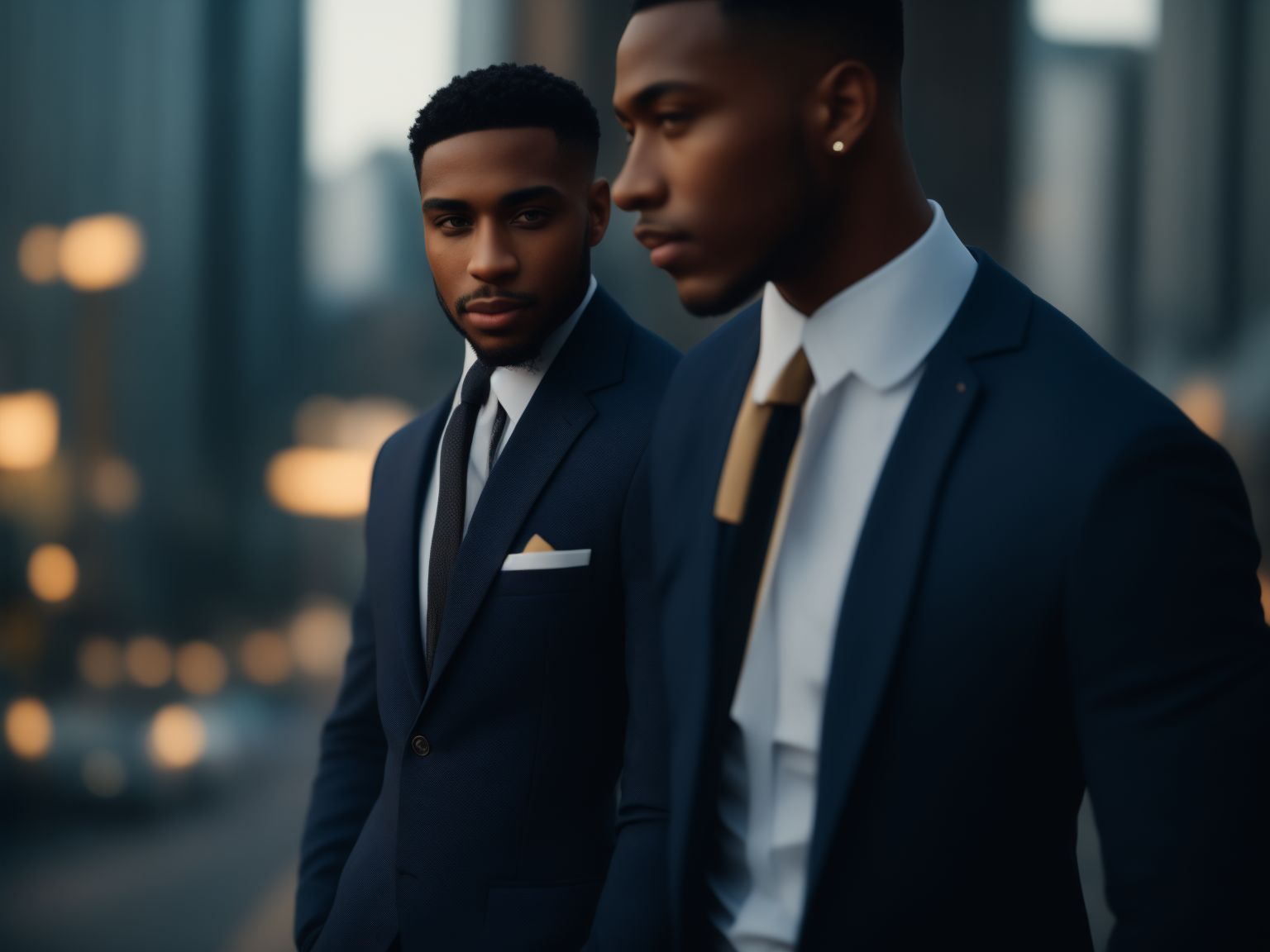 dnbcd: black young lawyer, light skin, athletic body and chest, short  haircut, short beard, sedutive smile, sedutive eyes, wearing his calvin  klein dark blue suit, long tie, cinematic golden light, hero vibes,