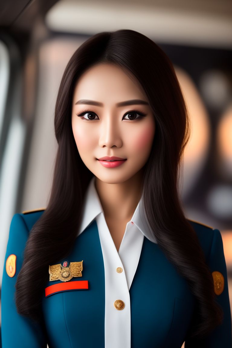 all-seahorse268: Photography, A thai air hostess stand wellcome in the  airbus A380, thai silk uniform wearing, no bra, beautiful girl, full body  shot, human -like, realistic eye, realistic face, realistic hair, realistic