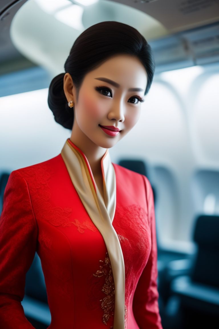 all-seahorse268: Photography, A thai air hostess stand wellcome in the  airbus A380, thai silk uniform wearing, no bra, beautiful girl, full body  shot, human -like, realistic eye, realistic face, realistic hair, realistic