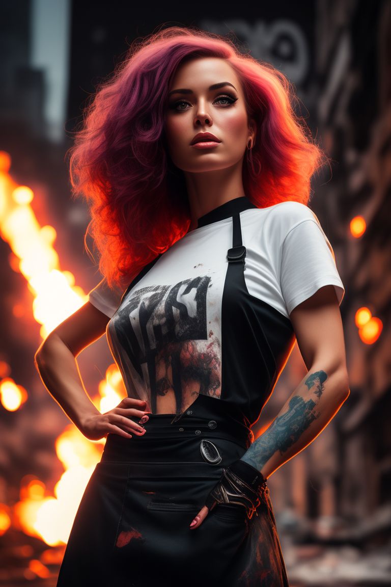 profuse-ape499: yulia ,(((explosion in the background))), bodybuilder punk  cyborg lady, exposed legs, head-to-shoulder portrait, long hair, white  t-shirt with a black apron, black thighs, holding spray paints, graffiti  walls by Stanley Lau