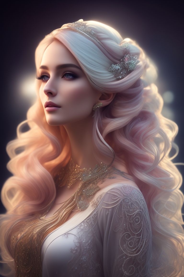 Viking princess, blonde hair, blue eyes, oval face, large breast