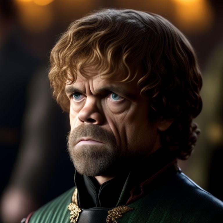 zany-ape528: Tyrion Lannister, dwarf stunted legs, stubby fingers and a  jutting forehead. He has mismatched eyes of green and black. Hair is thin,  fair and blond. Dressed in red and gold, doublet.