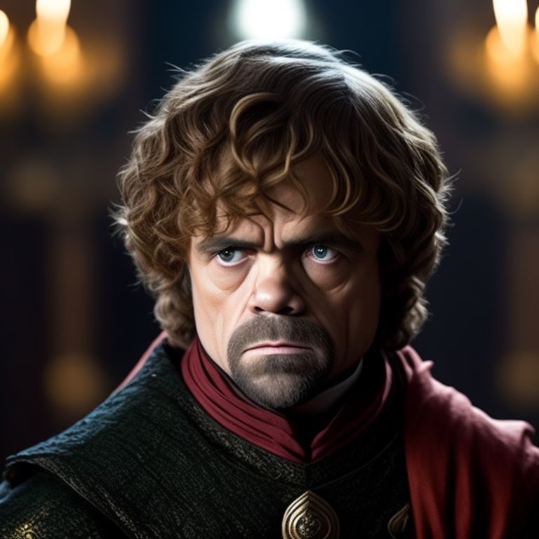 zany-ape528: Tyrion Lannister, dwarf stunted legs, stubby fingers and a  jutting forehead. He has mismatched eyes of green and black. Hair is thin,  fair and blond. Dressed in red and gold, doublet.