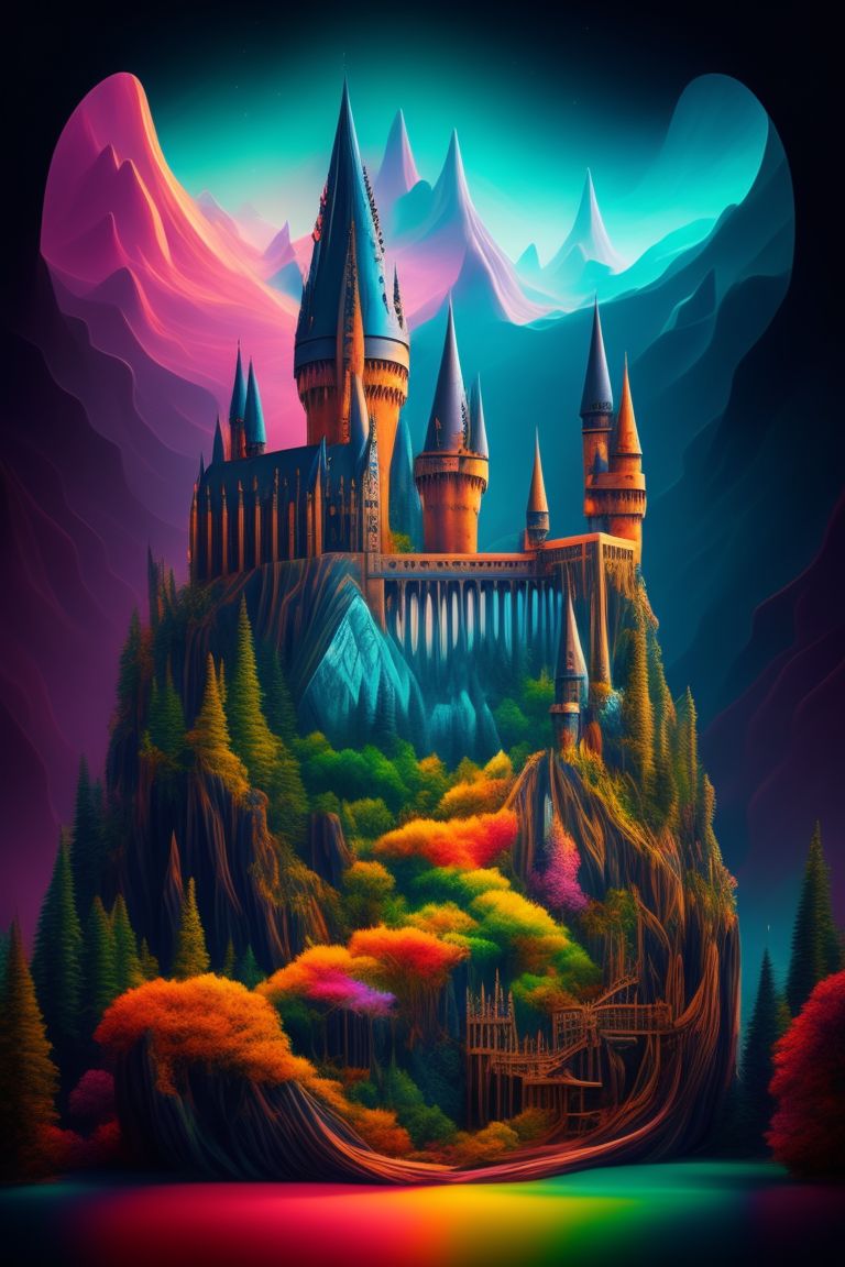 an abstract image, Hogwarts castle , in the style of lush and detailed, dramatic shading, colorful layered forms, detailed colorful fawn, nature - inspired compositions, futuristic chromatic waves, in