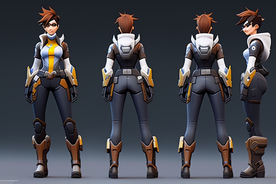 model sheet head 3d tracer overwatch 2, side, front and back, orthographic, 3d render, Highly detailed