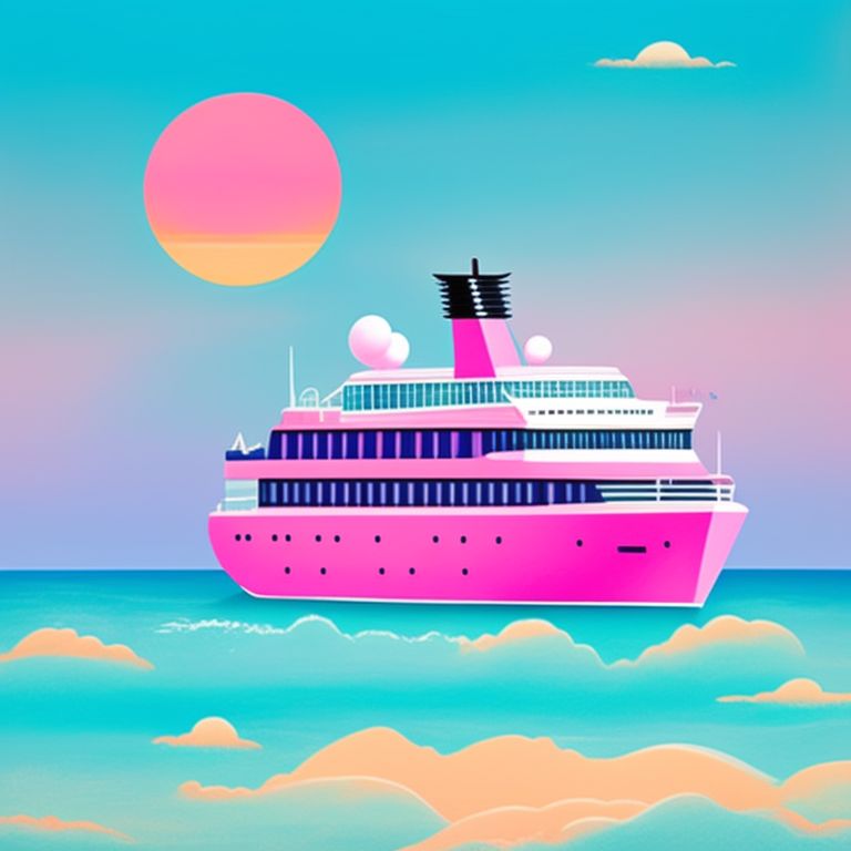 Pink cute cruise ship in the ocean, with a clear blue sky, sun setting behind it, Cartoonish, Whimsical, low-detail, digital illustration by mary blair, Pastel colors, Childlike, Dreamy, fantasy.