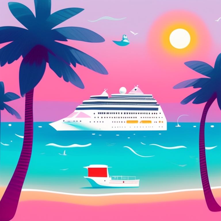 Pink cute cruise ship in the ocean, with a clear blue sky, sun setting behind it, Cartoonish, Whimsical, low-detail, digital illustration by mary blair, Pastel colors, Childlike, Dreamy, fantasy.