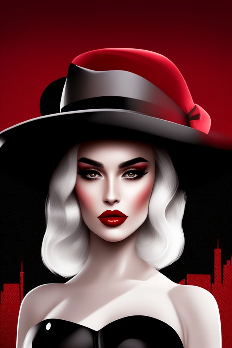 A full-length digital portrait of a femme fatale with bold red lipstick, smoky eyes, and a black fedora hat, set against a monochrome cityscape, with a stylish and retro film noir aesthetic, created by Tula Lotay.