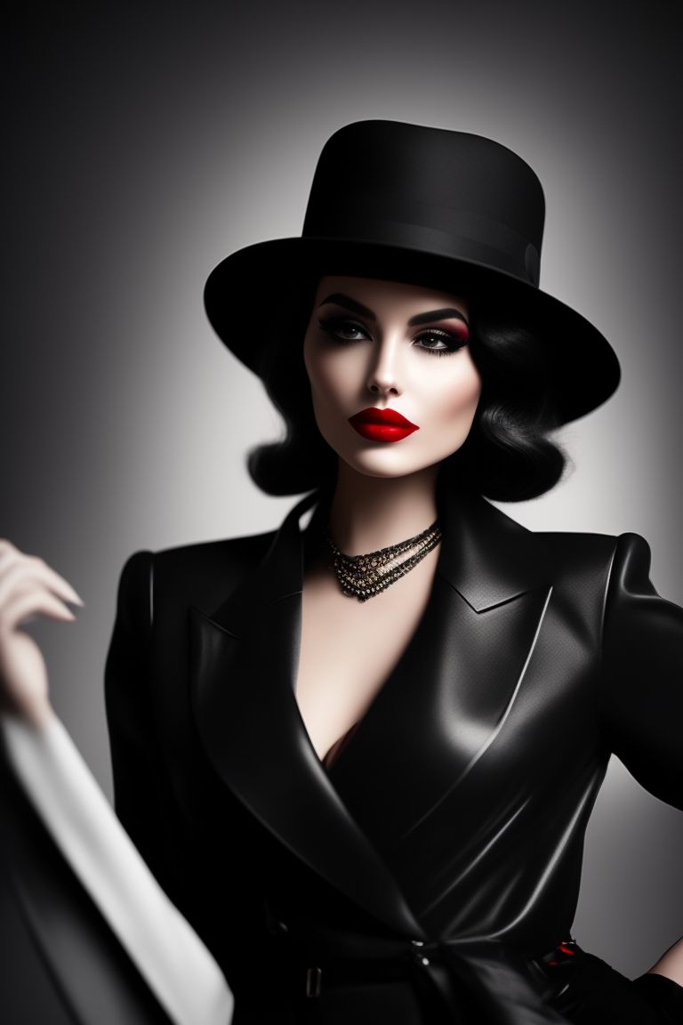 A full-length digital portrait of a femme fatale with bold red lipstick, smoky eyes, and a black fedora hat, set against a monochrome cityscape, with a stylish and retro film noir aesthetic, created by Tula Lotay.