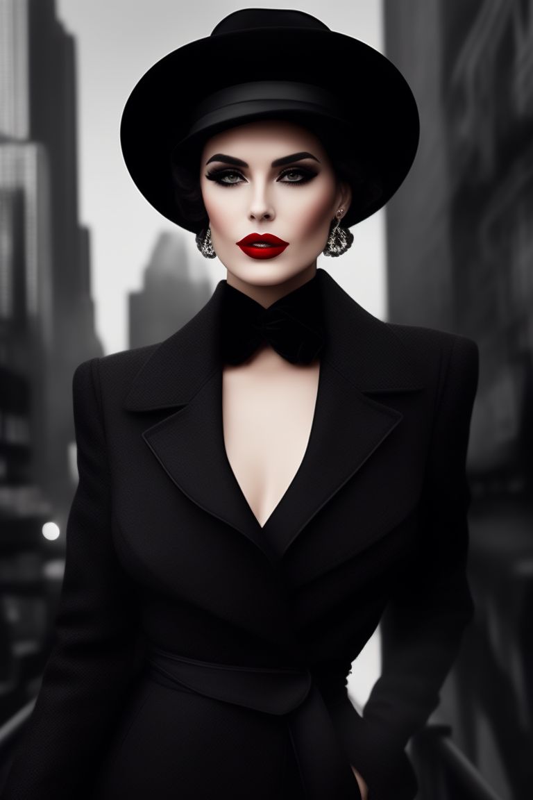 A full-length digital portrait of a femme fatale with bold red lipstick, smoky eyes, and a black fedora hat, set against a monochrome cityscape, with a stylish and retro film noir aesthetic, created by Tula Lotay.