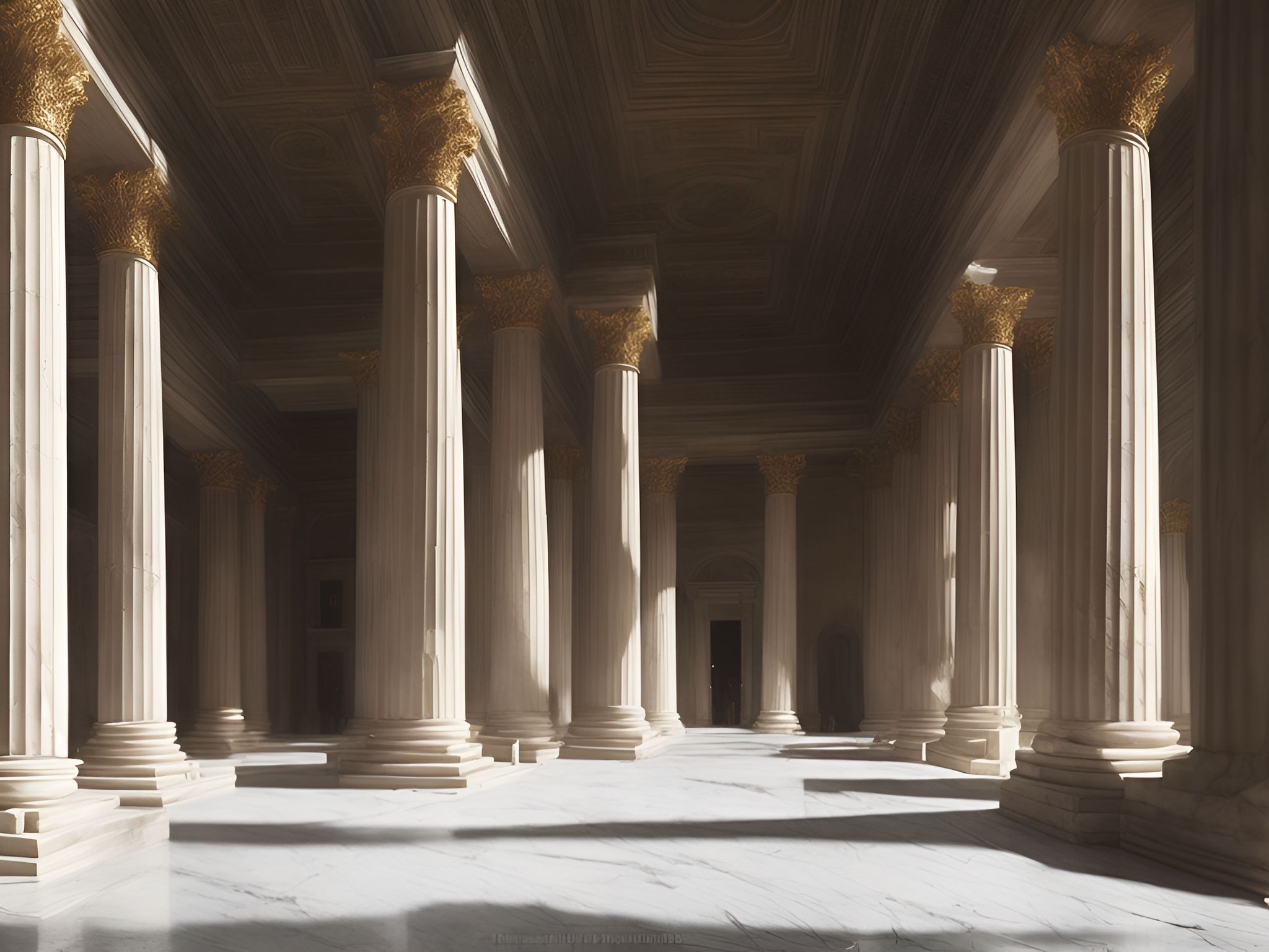 ancient greek temple interior, huge marble building supported by large greek columns. greek statues, natural light streaming though many windows, white marble, in the painting style of hubert robert, , Masterpiece, Realistic, superrealism, realistic interior design, realistic interior design environment, hight quality, best quality, Cinematic, nice shot, fine detail, CinemaHelper, PhotoHelper, 16K, gfpgan, Trending on artststation