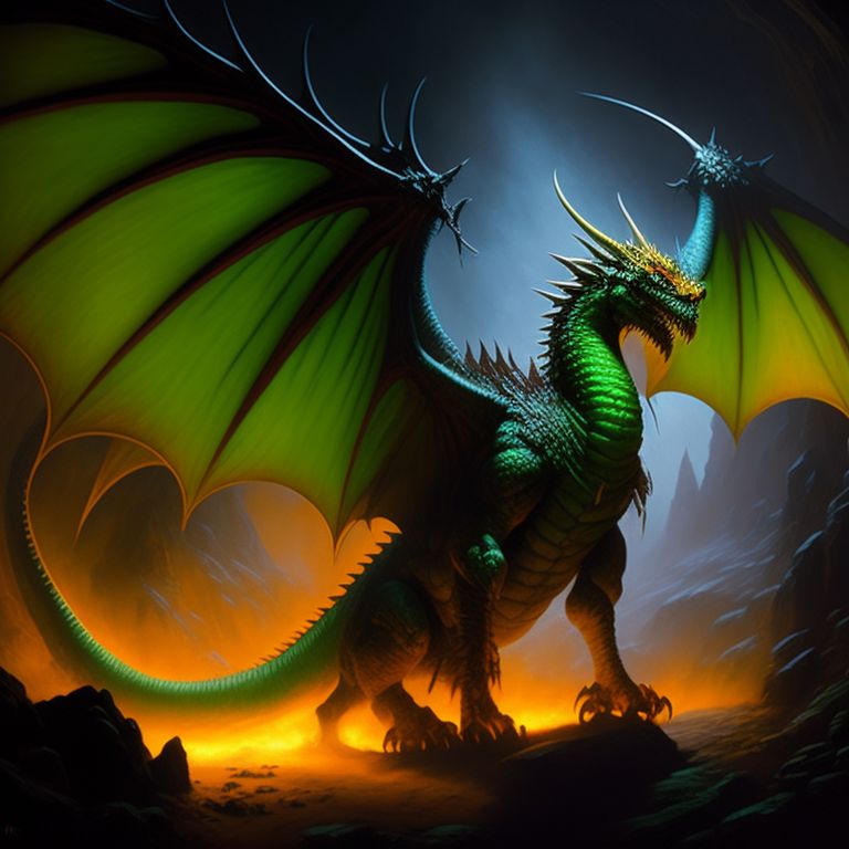 upright-lion117: Furious Green Dragon, Wings Spreaded, Roaring, Inside cave