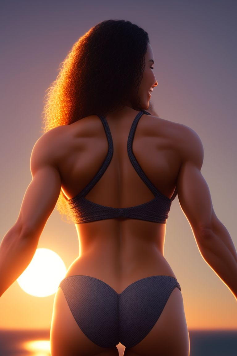 lonely-llama615: mixed race cross fit lady in bikini, soft light, full body  back view, head turned smile, detailed realistic photo