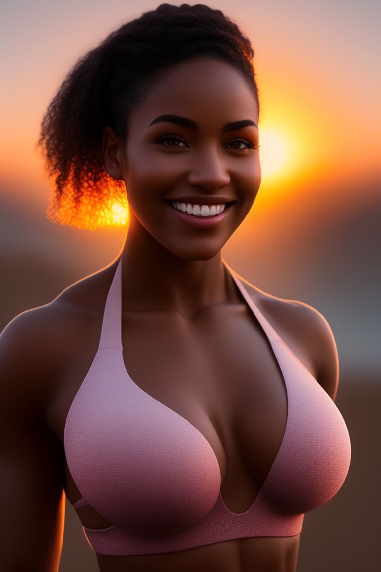 lonely-llama615: nubian race cross fit lady in bikini, a-cup bra, soft  light, head to toe, font view, head turned smile, detailed realistic photo