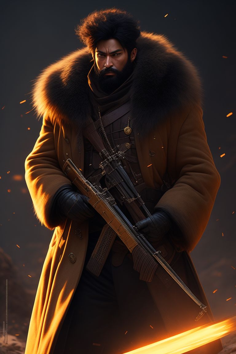Strong Nobel with big fur coat and gun, holding a sword with a fiercely determined expression, the scene should have warm, golden lighting and intricate details. inspired by the art of greg rutkowski and featuring sharp focus and smooth rendering.