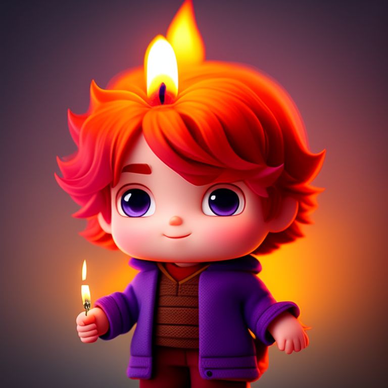 pixels style full body little boy with lavender colour hairs with matching clothes, little hands and body, a cute little boy wizard holding a candle of red flames and wearing red clothes with yellow hairs and little boy, little hands, pixar