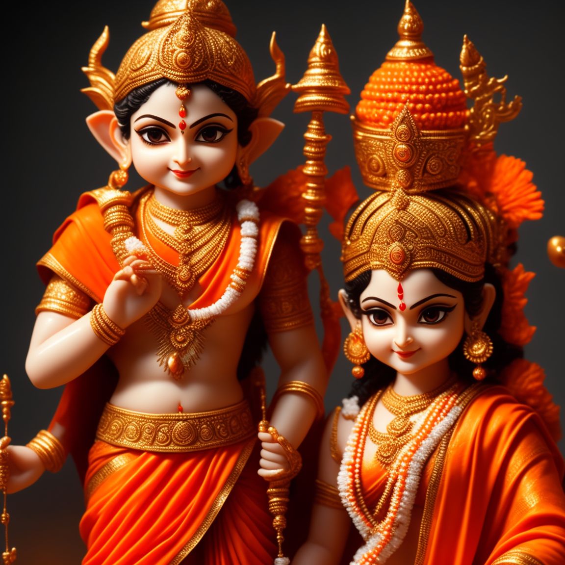 very cute tiny, Hindu god lord Ram wearing orange clothes with his wife Sita , mild smile, 
tall Ram, short Sita, Ram is Sita's husband, wearing orange clothes highly detailed High resolution High quality ultra realistic HD 12k ,, rim lighting, adorable big eyes, small, By greg rutkowski, chibi, Perfect lighting, Sharp focus