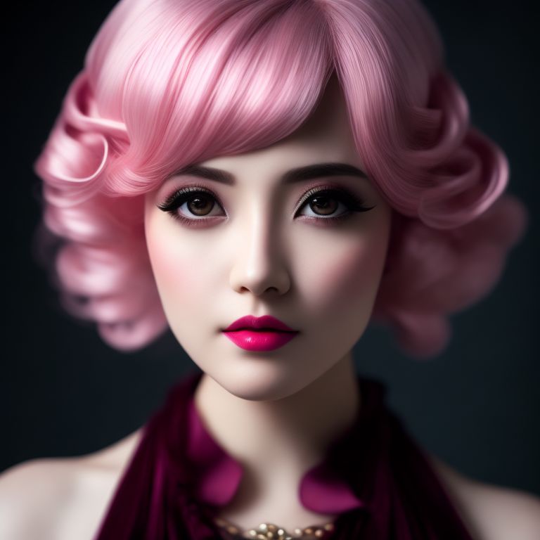 a woman, Full body, (8k, best quality, Masterpiece, Ultra high res, highly detail face:1, 3), Portrait, (33 years old:1, 3), dark bob hair, from front, Pink, in lolitafashion, lolitafashion style, Cinematic lighting