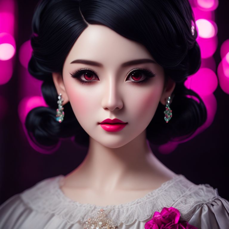 a woman, Full body, (8k, best quality, Masterpiece, Ultra high res, highly detail face:1, 3), Portrait, (33 years old:1, 3), dark bob hair, from front, Pink, in lolitafashion, lolitafashion style, Cinematic lighting