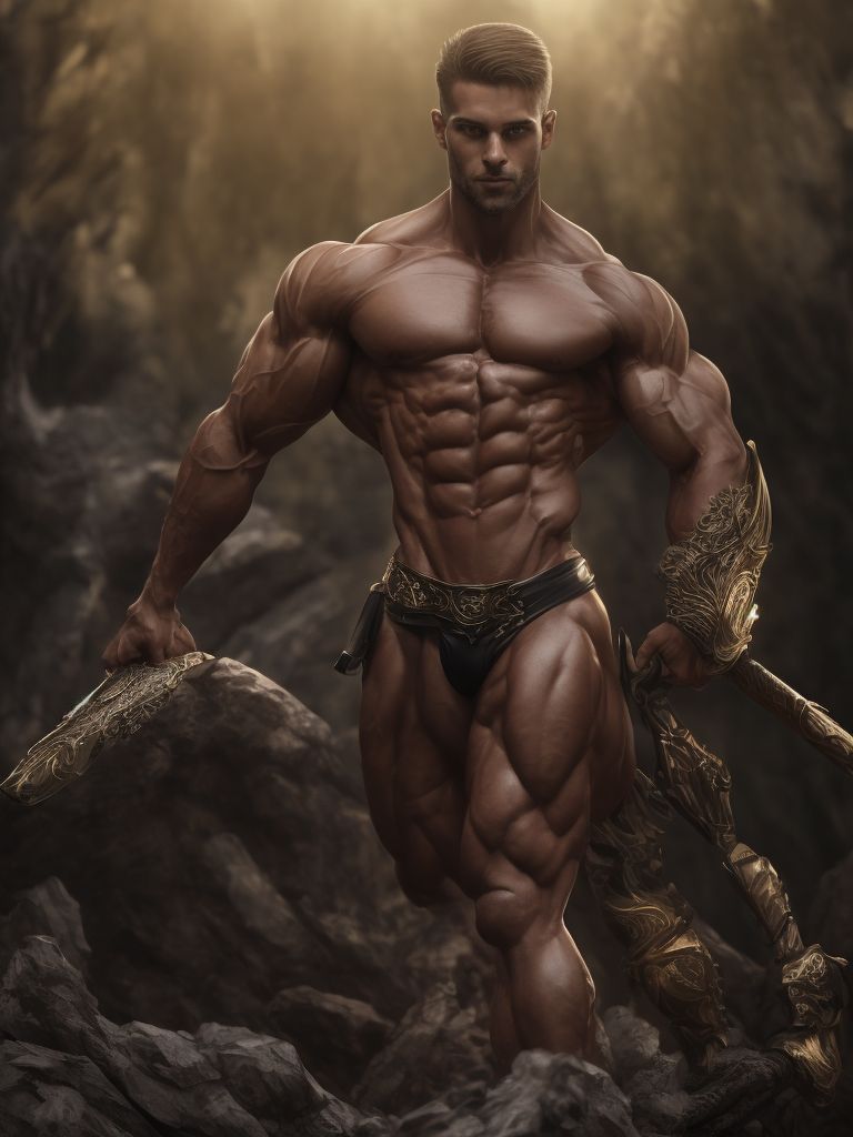 Full length low angle shot of a strong muscular Spartan warrior