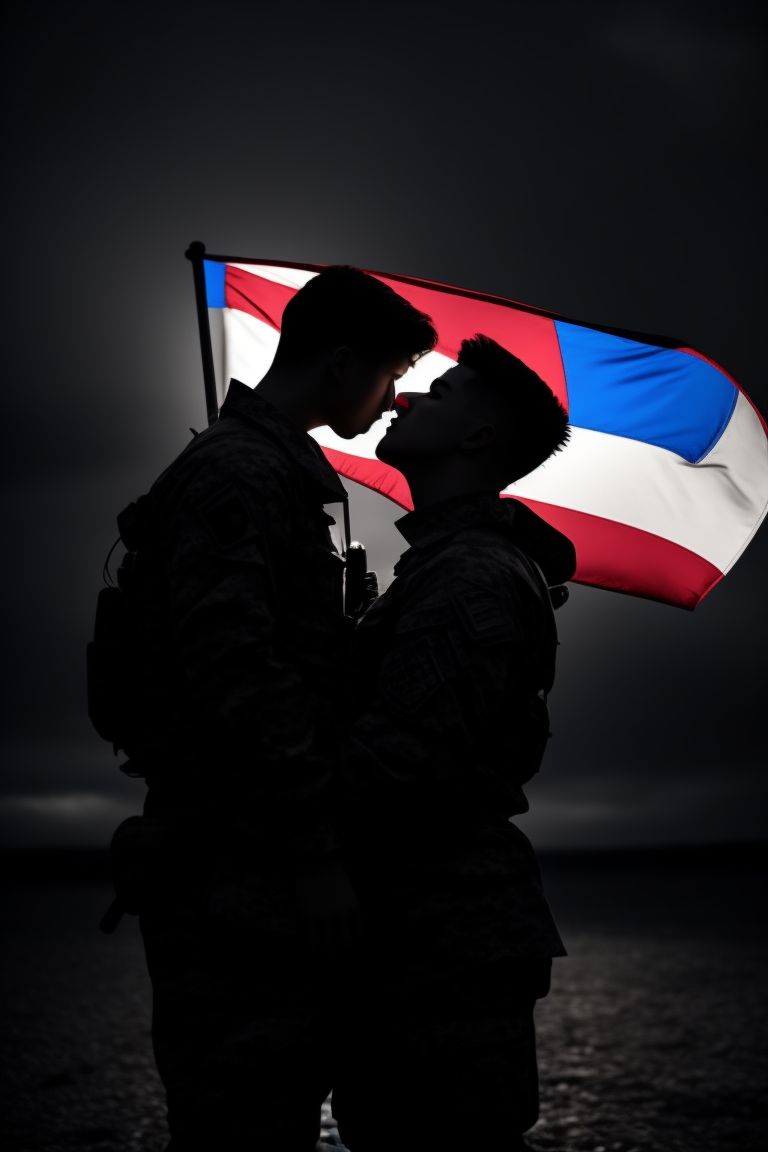 Gecko: Two young gay military men kissing whit a pride flag waving on th  background