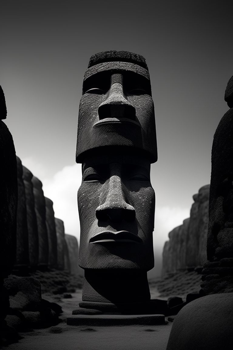 Easter Island: Stone Head, Mysterious, Ancient, Monochrome, Low angle, High contrast, Black and white, Trending on Artstation, Detailed, Sharp focus, art by ryan church and ian mcque and jama jurabaev and jonas de ro and scott robertson.