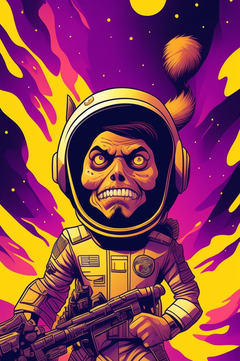 stunning 2d comic cover style, (style of matt bors), (Caricature) of a zombie squirrel space ranger , Gold and purple color wash, White border, UHD 16K, ((solid color background)), (amazing dynamic composition)