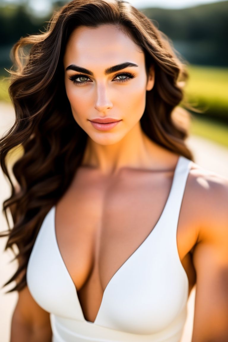 required-gnu36: Stunning professional full body shot of a muscular girl  looking like Gal Gadot, massive and shredded muscles, large shoulders,  realistic Gal Gadot face, full body shot, wearing a white dress, walking