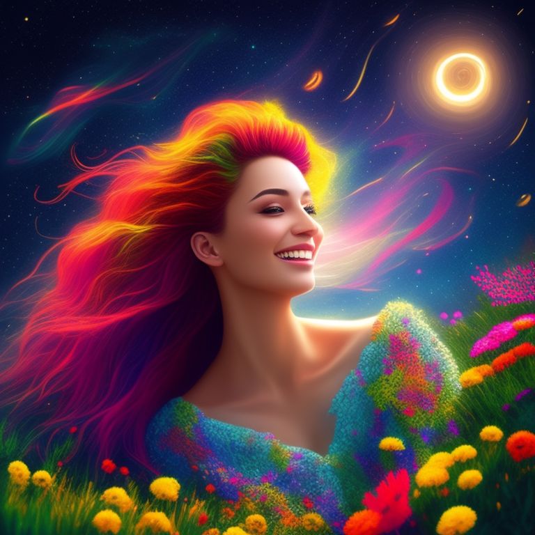In this lovely depiction we see a colorful and whimsical cartoon featuring a stunningly gorgeous young woman with luminous cascading hair and a vibrant joyous energy embracing a majestic and powerful equine creature resplendent with an aura of strength and grace amidst a lush lively bounty of untamed blooms and verdant foliage lending a sense of idyllic pastoral serenity to the scene, ascending, pixel art style, Bright colors, against a starry night sky., Fantasy, 32-bit pixel art, Tilt shift, Ant perspective