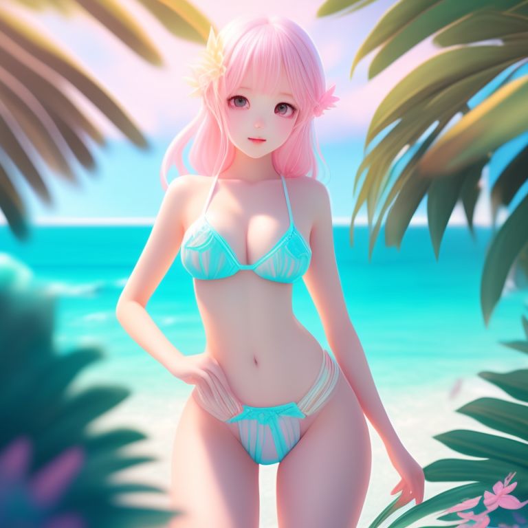 Cute anime girl in bikini and thong , surrounded by palm trees and crystal-clear water, the modifiers are: pastel colors, Dreamy, Soft focus, tropical, digital illustration by sakimichan and loish and artgerm, Intricate, Highly detailed, trending on artstation.