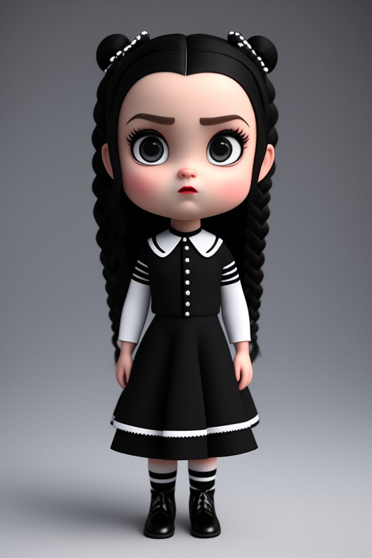 front-tapir785: a full body portrait of baby wednesday addams, black eyes,  pouty mouth, pale, black two braided hair, angry expression, black dress,  white collar, striped stockings