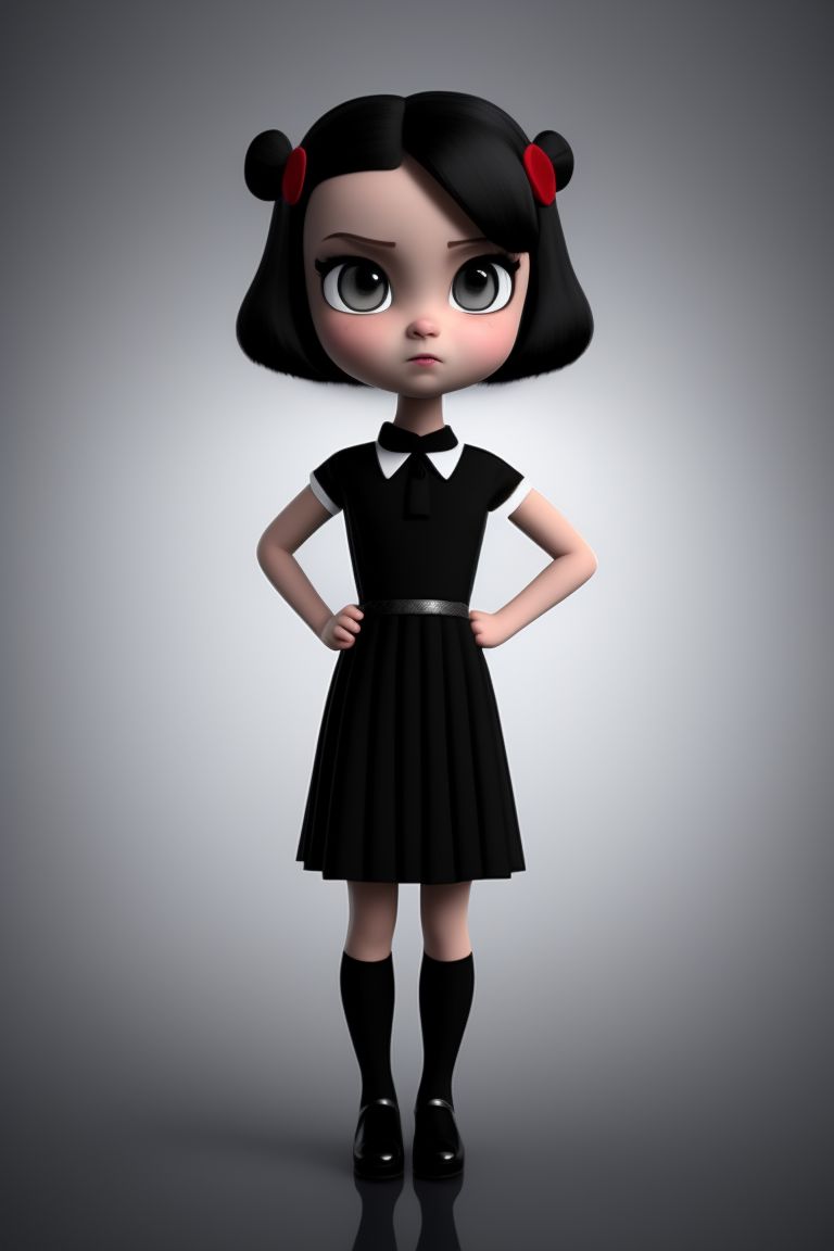 front-tapir785: a full body portrait of baby wednesday addams, black eyes,  pouty mouth, pale, black two braided hair, angry expression, black dress,  white collar, striped stockings