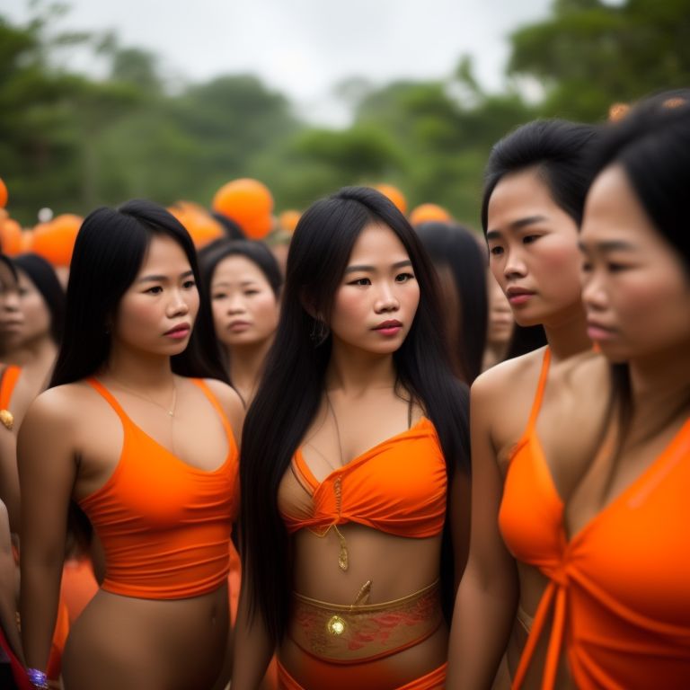 Bhuket A crowd of Thai women with some long hair wearing