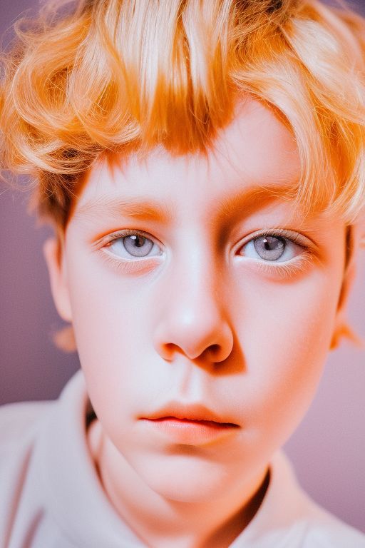 Orange boy with big eye, by irmgard karoline becker despradel, Intricate details, lomography style, Studio lighting, Studio background, indoor shot, sony a7 iv, f1/3, dramatic shot, 16K, featured on flickr, ultra-detailed, ultra realism, Depth of field, 