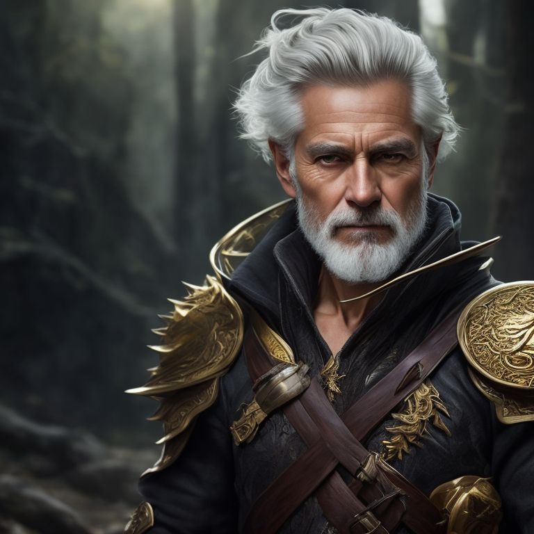 photography taken by canon eos r5, stunning fullbody d&d character art, Older Male Dragon Rider Ranger. He has gold dragon eyes. Silver hair with a hint gold kept neatly in a half ponytail and a short beard. Gold dragon companion., wears very look good outfit, standing, Detailed face, beautiful eyes and hair, flawless bright skin, soft makeup and draw thin eyebrows, Human-like eyes, good anatomy, Perfect white balance, Sun lighting, rim lighting uhd, (art by norman rockwell), prime photography, smooth crisp line quality