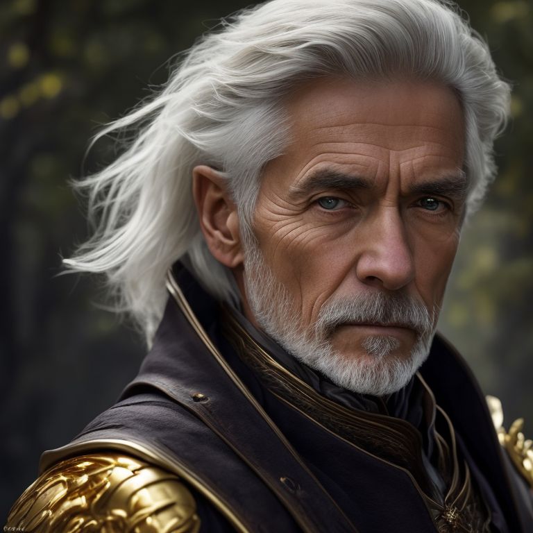 photography taken by canon eos r5, stunning fullbody d&d character art, Older Male Dragon Rider Ranger. He has gold dragon eyes. Silver hair with a hint gold kept neatly in a half ponytail and a short beard. Gold dragon companion., wears very look good outfit, standing, Detailed face, beautiful eyes and hair, flawless bright skin, soft makeup and draw thin eyebrows, Human-like eyes, good anatomy, Perfect white balance, Sun lighting, rim lighting uhd, (art by norman rockwell), prime photography, smooth crisp line quality