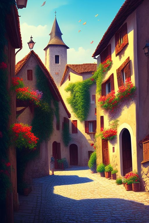 medieval french village, Dreamy, sunny, Vintage illustration