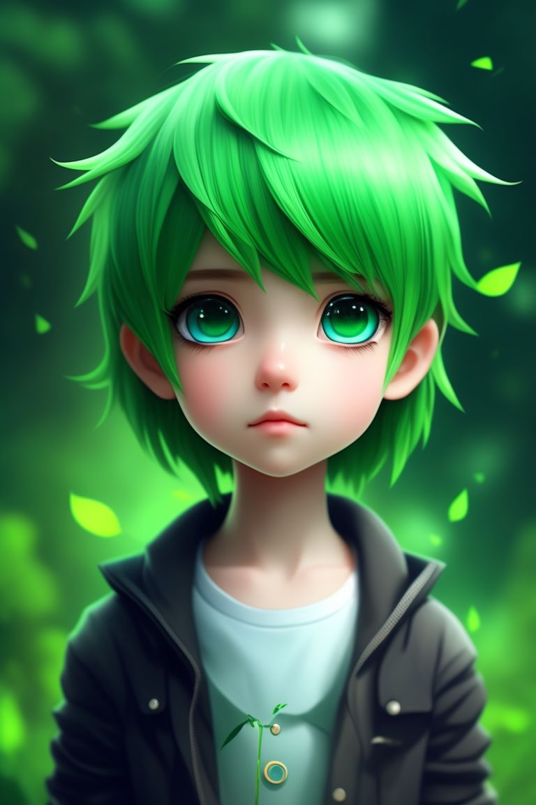 anime boy with green hair and blue eyes
