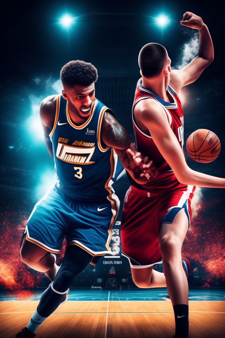 In this cinematic scene, basketball titans LeBron James and Nikola Jokic

Engage in a fierce and intense collision on the court. The photograph, expertly captured with a DSLR camera, freezes the moment as they both reach for the basketball in a vertical position

, showcasing their athleticism and determination. The image exudes the passion and intensity of the game, with their focused expressions and bodies in dynamic motion. The clash between these two formidable players creates an electrifying atmosphere, capturing the essence of high - stakes competition and the relentless pursuit of victory., Realistic, Perfect face, Cute, stunning landscape  background illustration concept art anime key visual, color manga style, trending on pexels