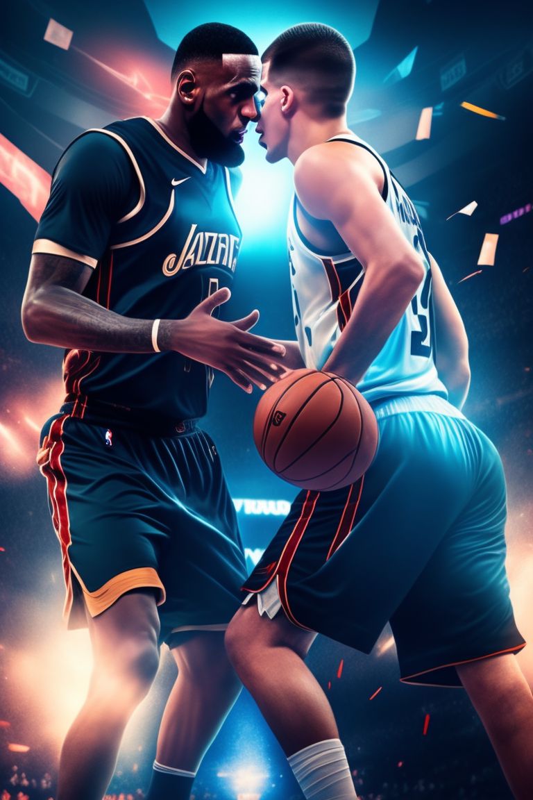 In this cinematic scene, basketball titans LeBron James and Nikola Jokic

Engage in a fierce and intense collision on the court. The photograph, expertly captured with a DSLR camera, freezes the moment as they both reach for the basketball in a vertical position

, showcasing their athleticism and determination. The image exudes the passion and intensity of the game, with their focused expressions and bodies in dynamic motion. The clash between these two formidable players creates an electrifying atmosphere, capturing the essence of high - stakes competition and the relentless pursuit of victory., Realistic, Perfect face, Cute, stunning landscape  background illustration concept art anime key visual, color manga style, trending on pexels