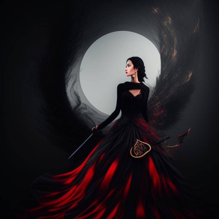 winged-wren613: abstract surrealistic painting of a woman in a black dress  with a sword in a black background