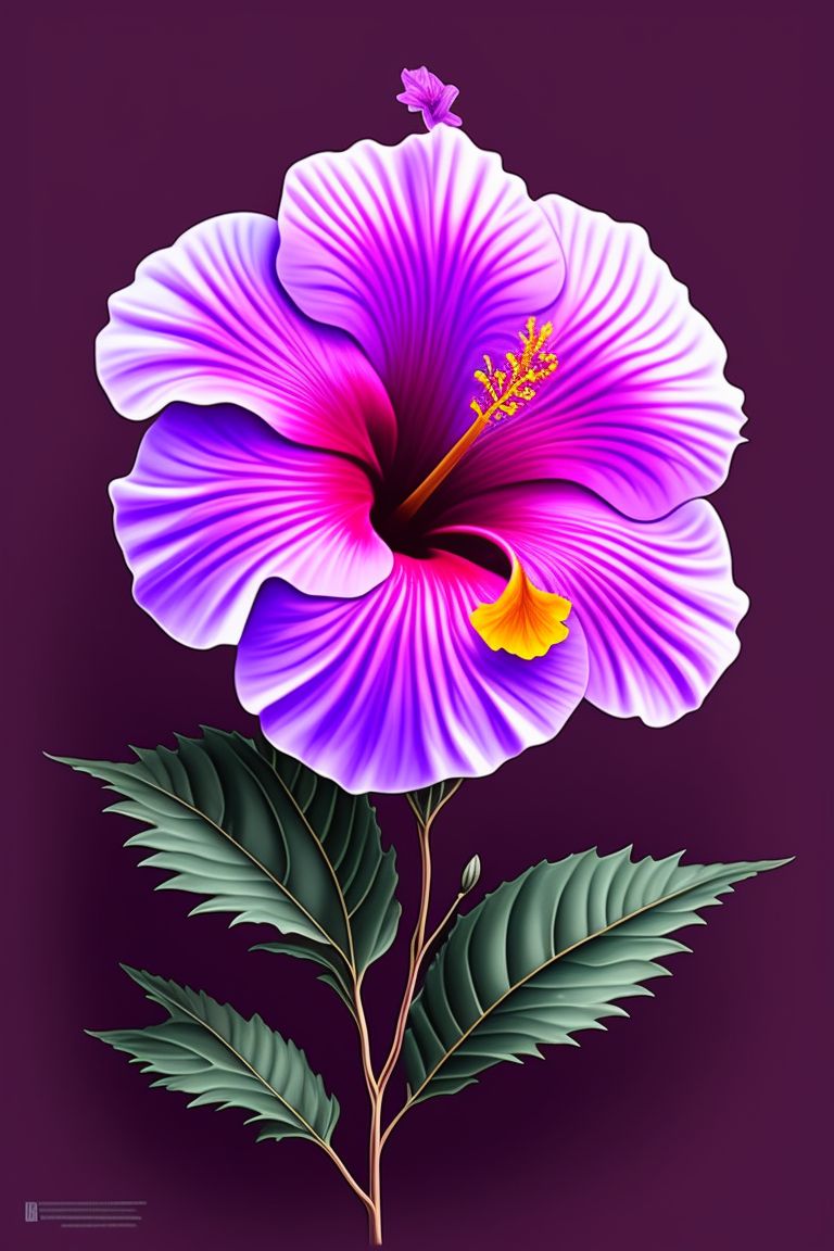 Vector illustration, Minimalistic, Digital illustration, Hibiscus flower in shades of purple, T-shirt design, Dramatic Lighting, Trending on Artstation, Award winning, Icon, Highly detailed, 2D, 300 dpi, RGB, Flat, No background, Vector Graphics, Tattoo design, Watercolour splashes background, Artstation, artistic, (((full body view))), Front view, Looking at camera, Extremely detailed, Hyper detailed, Intricately detailed, Realistic details
