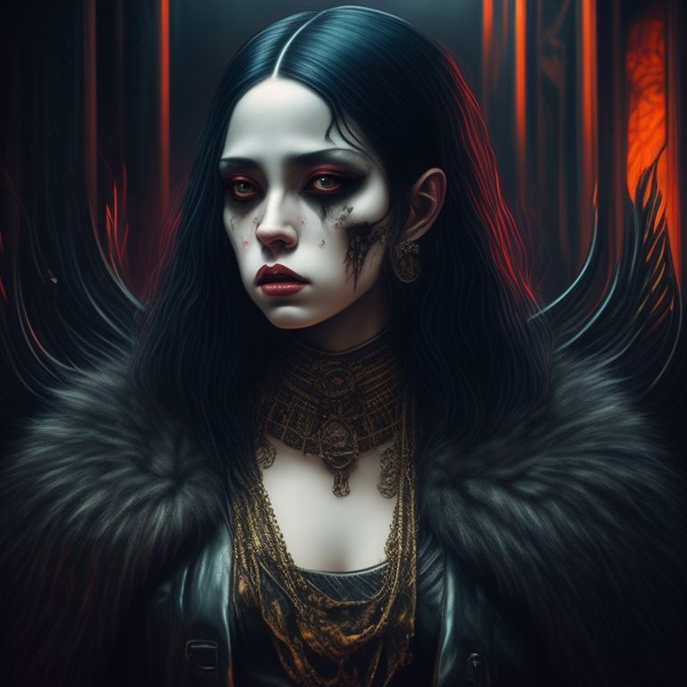 Baroque interior style, Oil on canvas, Grainy texture, A young female witch with pale complexion and black hair appears out of the darkness, she is enraged and holding a dagger. The subject is dressed in fur pelts and has extensive body and facial tattoos,   night time setting , horror story, cover art for the audio album by "five fingers death punch", High quality, colourfull, Hypermaximalist, hyperdetailed, 300 dpi, HD, High definition, 2D illustration, Character design, Brutalism, Depth of field, Hyperreal art, Horror art, Illustrated, Very detailed, bold lines