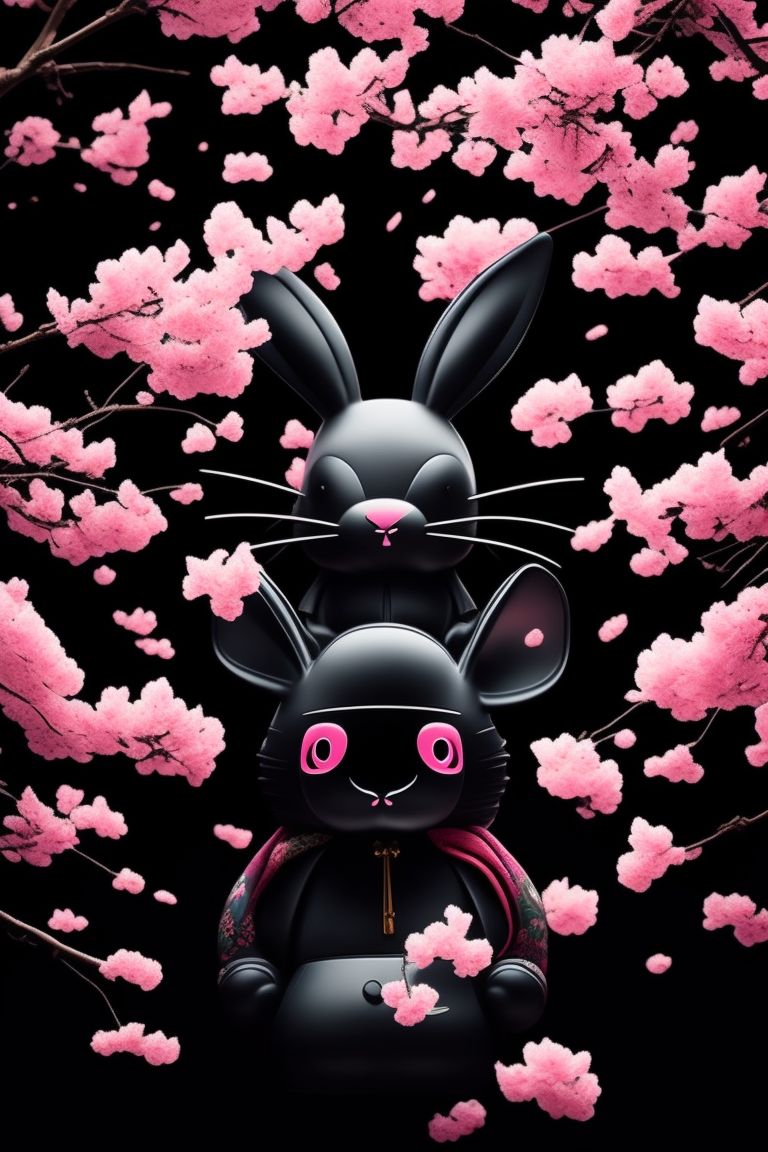 brief-goat274: Rabbit black ninja in Japan cherry blossom trees