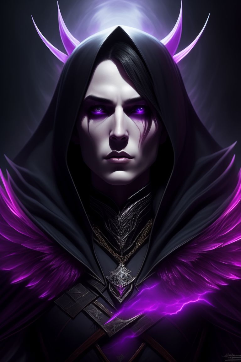 Malthael, Dark Angel, Portrait, D&D, Wizard, character, in a dark background with subtle hints of violet and pink lighting, Highly detailed, Digital painting, Artstation, Intense, Sharp focus, horror-style, reminiscent of tim burton's art, by artist sam yang and artgerm.