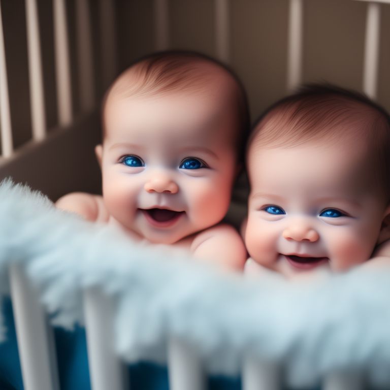 Walk77 realistic photography, two babies smiling, with light brown eyes, inside a crib, bedroom