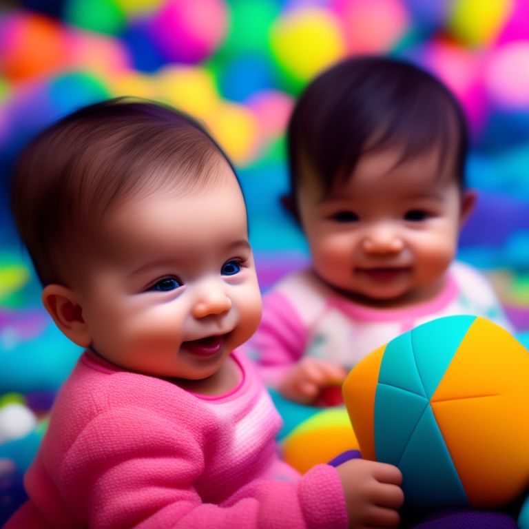Walk77 realistic photography, two babies playing in a colorful room