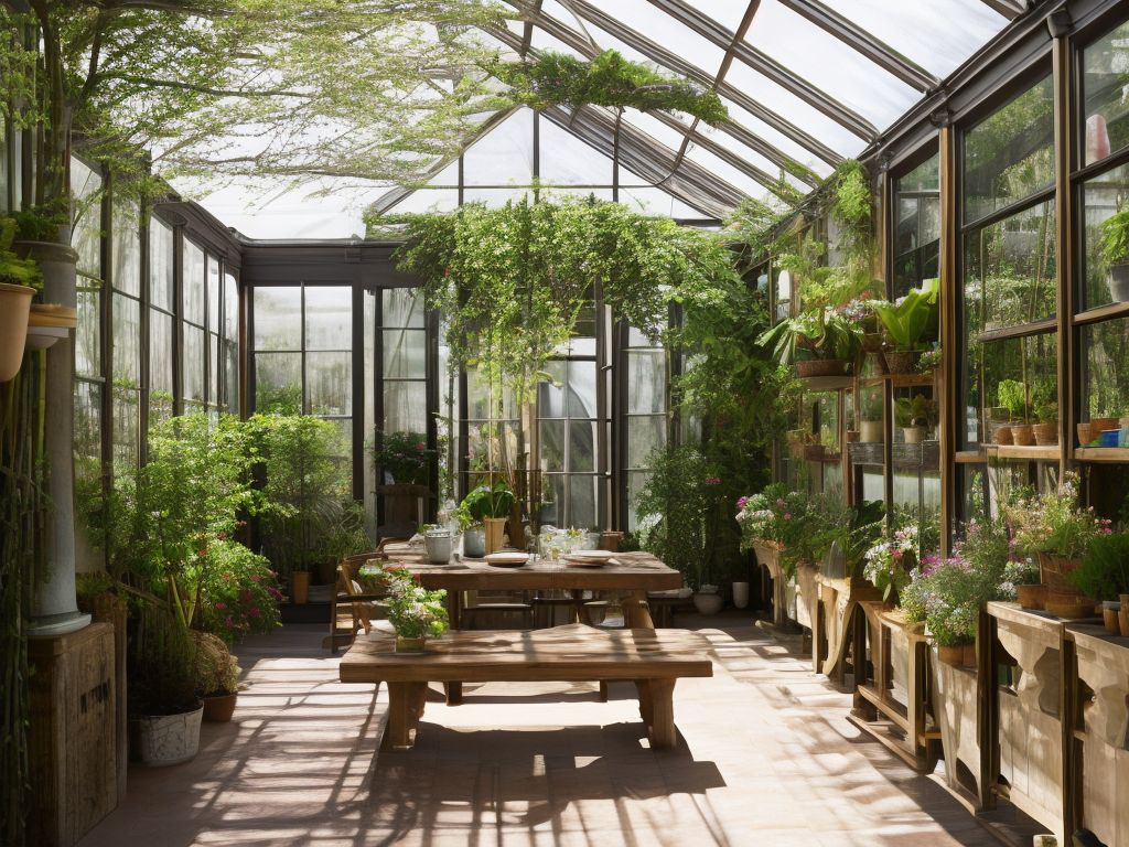 Hursty: epic interior courtyard greenhouse, streaming light, rustic ...