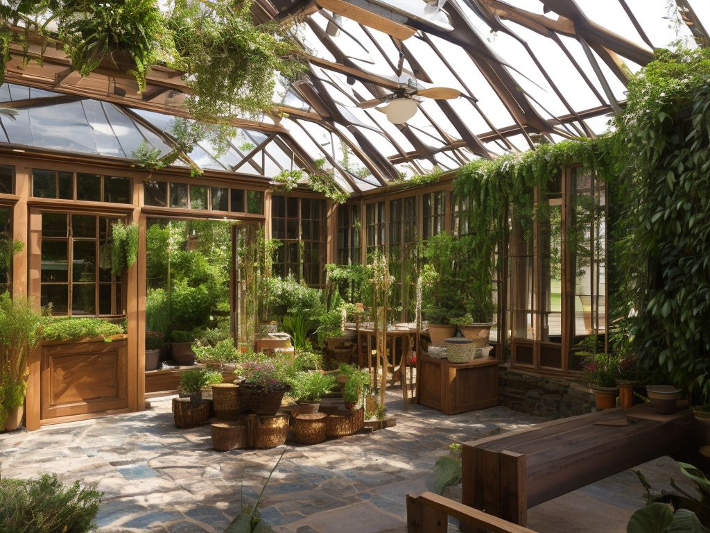 Hursty: epic interior courtyard greenhouse, streaming light, rustic ...