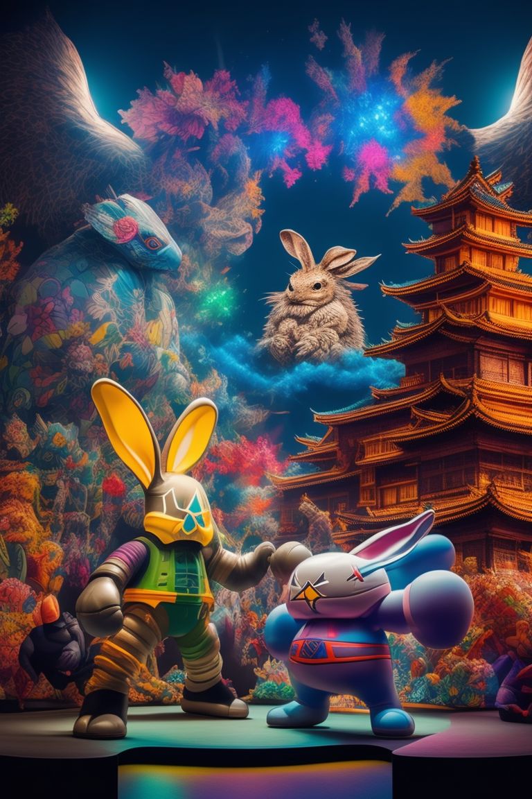 nippy-horse434: Rabbit superhero fighting Godzilla in front of japanese ...